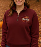 Thankful Pumpkin Embroidered 1/4 Zip Sweatshirt, Fall Quarter Zip Pullover