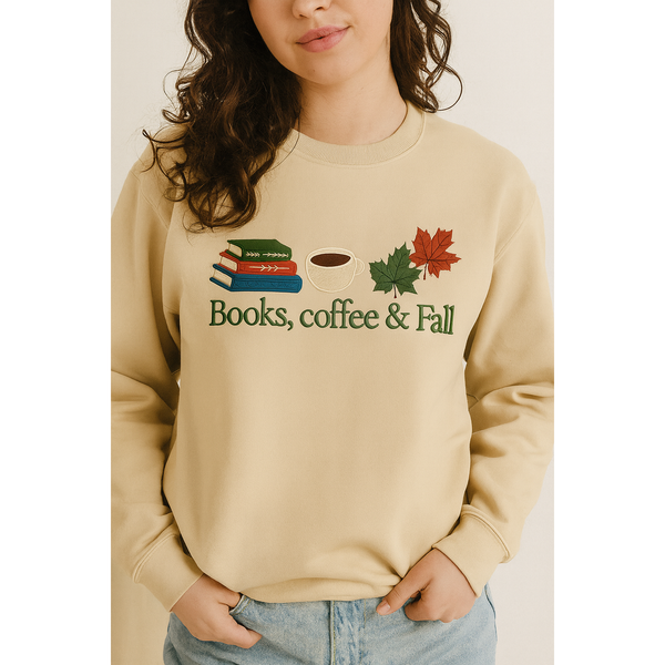 Books, Coffee & Fall Embroidered Sweatshirt