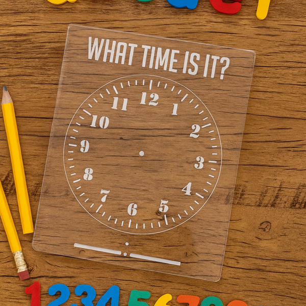 Acrylic "What Time Is It?"  Learn To Tell Time Dry Erase Board